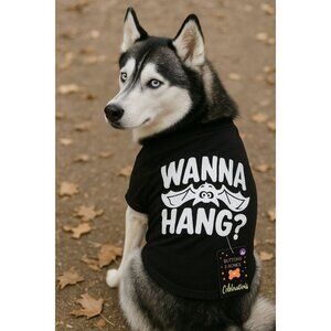 Wanna Hang Dog Shirt Halloween Pet Tee Size L Black Bat Design Buttons and Bones